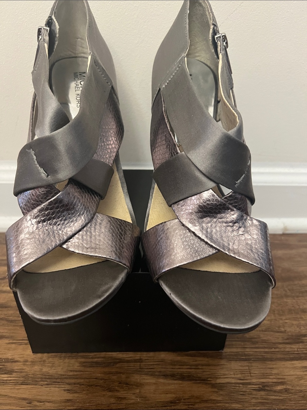 MICHAEL Michael Kors Pewter and Metallic Taupe Crisscross High Heel Sandals - Picture 3 of 8